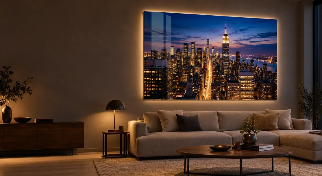 Foto su plexiglass illuminata con skyline notturno in un soggiorno moderno